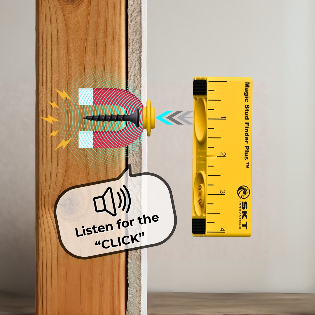 Magic Stud Finder Plus showing rare-earth magnet locking onto drywall screw in wood stud with audible click feature.