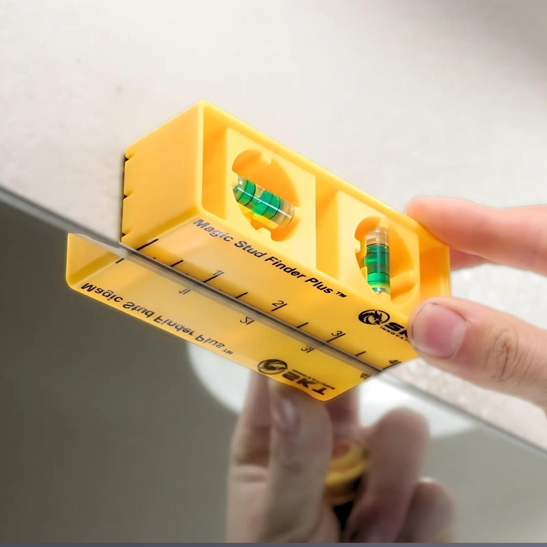Magic Stud Finder Plus with dual-axis bubble level ensuring precise horizontal and vertical alignment during installation.