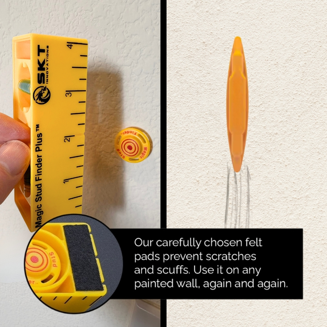Magic Stud Finder Plus with protective felt backing preventing scratches and scuffs on painted walls.