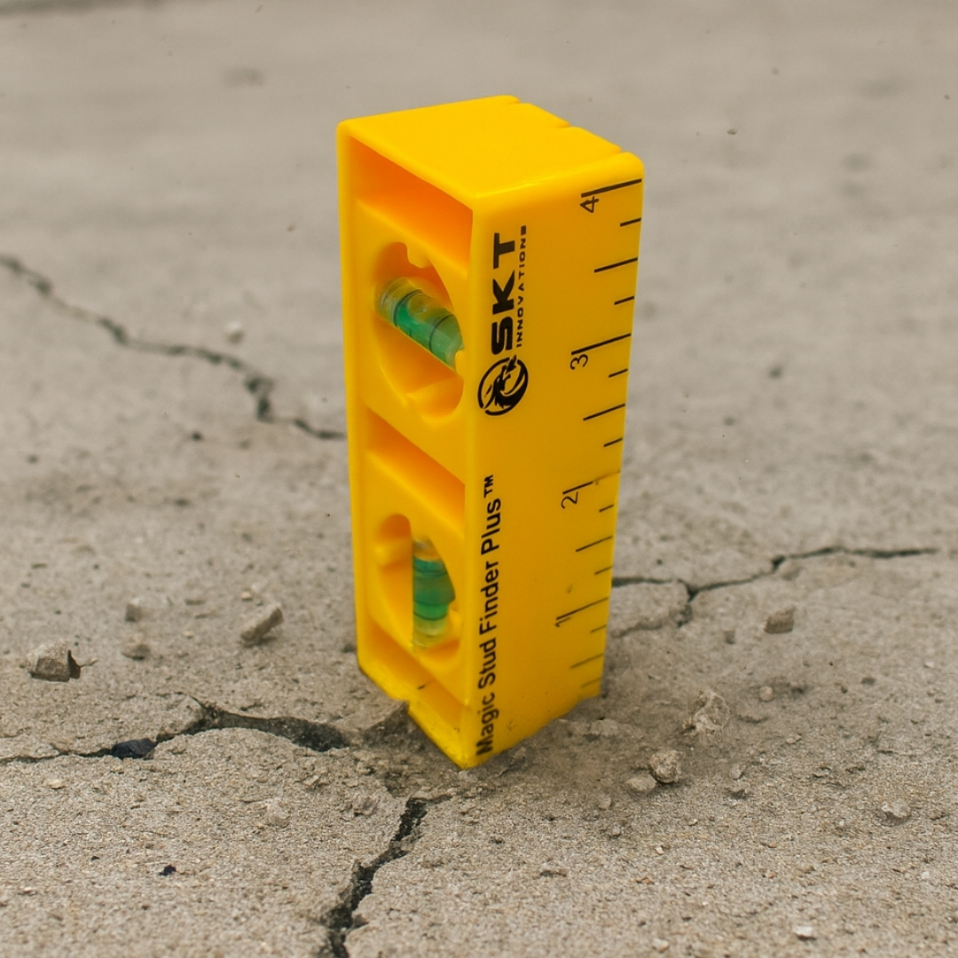 Magic Stud Finder Plus standing upright on cracked concrete surface, showcasing its durable impact-resistant design.